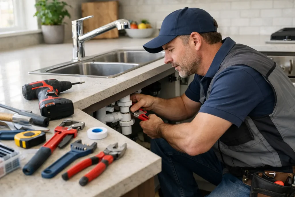 Local handyman in Annapolis MD repairing kitchen sink